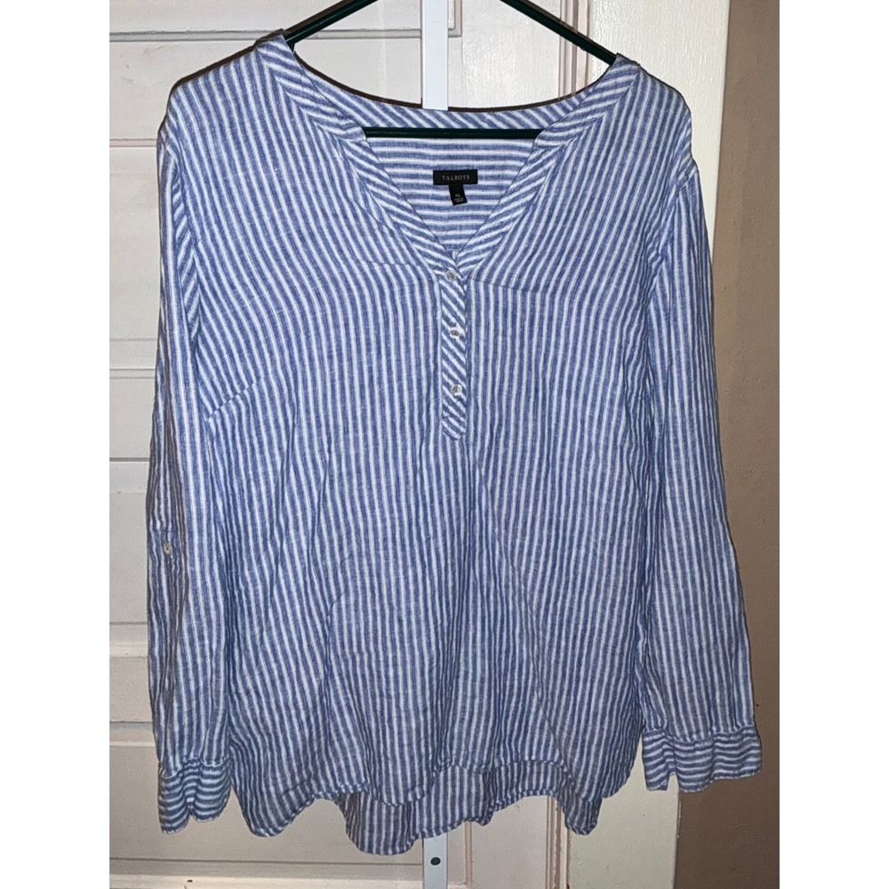 Talbots Women XL Blue White Striped 100% Linen Roll Tab Sleeve Henley Tunic Top